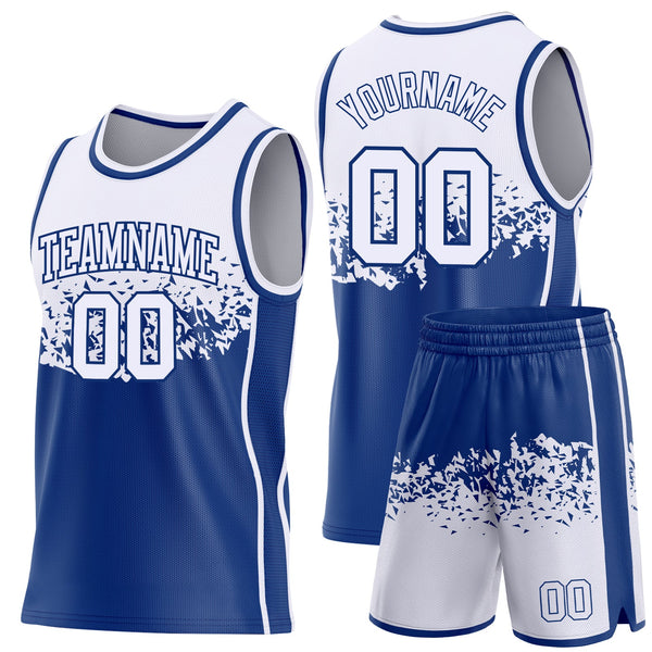 Custom White-Royal Shattered Geometric Side Panel Stripe Round Neck Sublimation Basketball Set Jersey alternate
