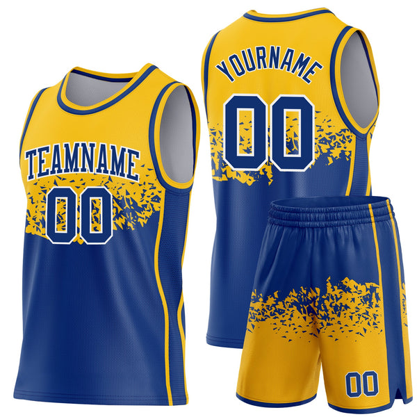 Custom Gold Royal-White Shattered Geometric Side Panel Stripe Round Neck Sublimation Basketball Set Jersey alternate