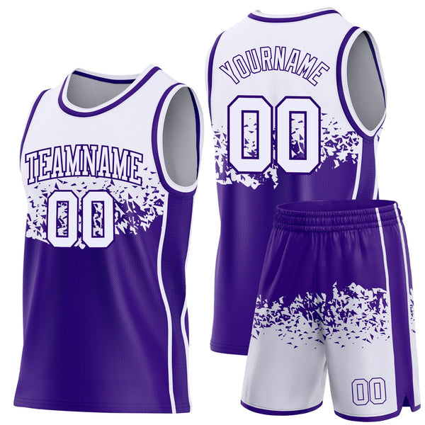 Custom White-Purple Shattered Geometric Side Panel Stripe Round Neck Sublimation Basketball Set Jersey alternate