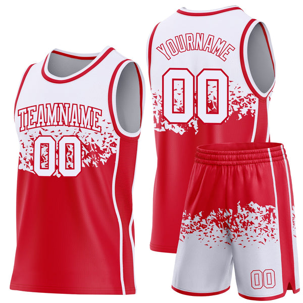 Custom White-Red Shattered Geometric Side Panel Stripe Round Neck Sublimation Basketball Set Jersey alternate