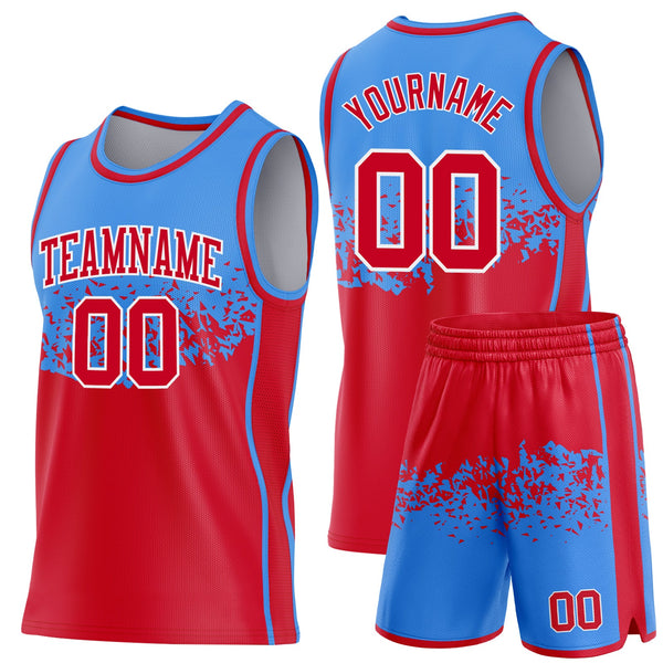 Custom Powder Blue Red-White Shattered Geometric Side Panel Stripe Round Neck Sublimation Basketball Set Jersey alternate