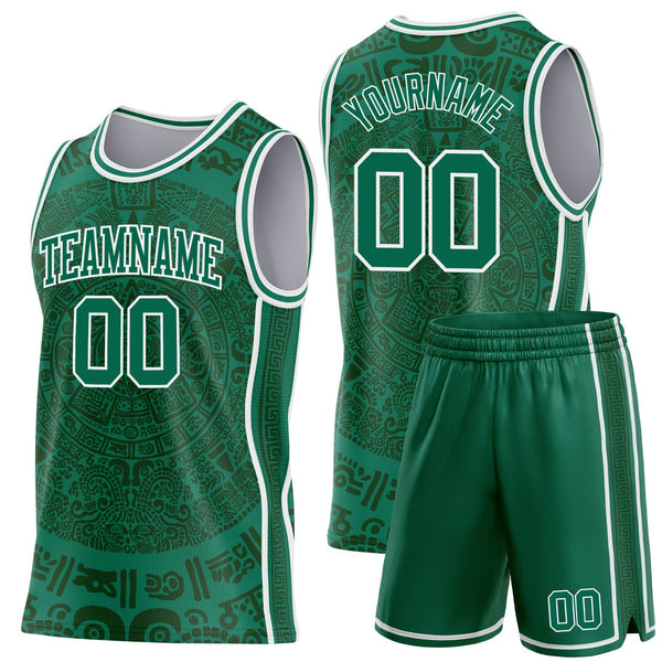 Custom Kelly Green-White Tribal Ethnic Aztec Sun Stone Side Panel Stripe Round Neck Sublimation Basketball Set Jersey alternate
