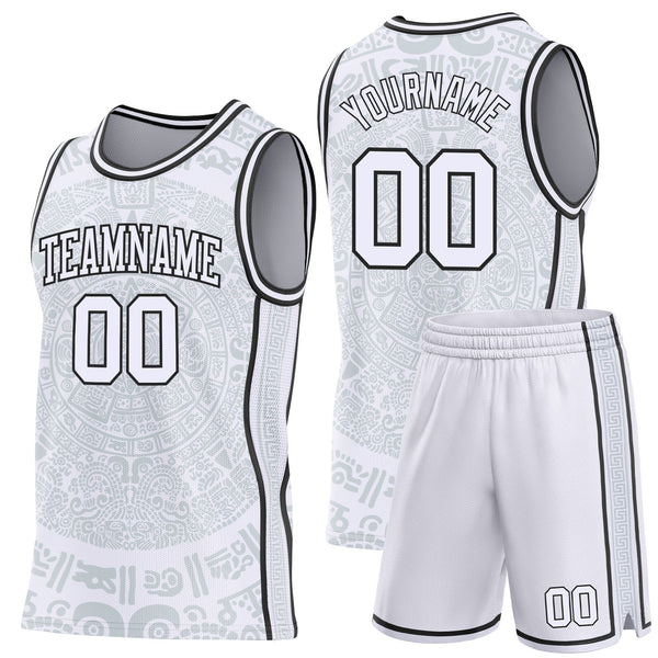 Custom White-Black Tribal Ethnic Aztec Sun Stone Side Panel Stripe Round Neck Sublimation Basketball Set Jersey alternate
