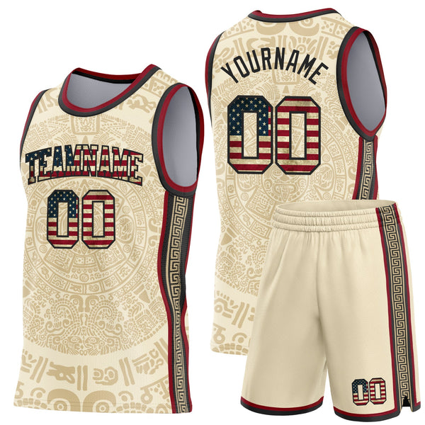 Custom Cream Vintage USA Flag Black-Maroon Tribal Ethnic Aztec Sun Stone Side Panel Stripe Round Neck Sublimation Basketball Set Jersey alternate