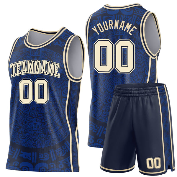 Custom Royal Cream-Navy Tribal Ethnic Aztec Sun Stone Side Panel Stripe Round Neck Sublimation Basketball Set Jersey alternate