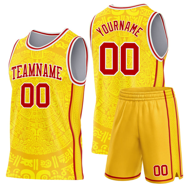 Custom Gold Red-White Tribal Ethnic Aztec Sun Stone Side Panel Stripe Round Neck Sublimation Basketball Set Jersey alternate