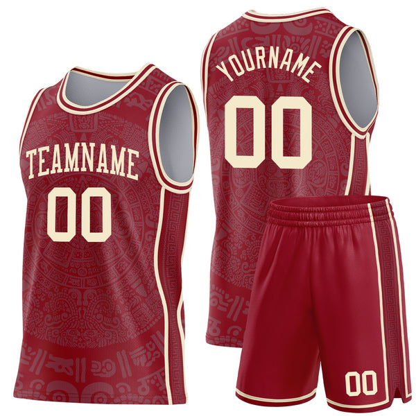 Custom Maroon-Cream Tribal Ethnic Aztec Sun Stone Side Panel Stripe Round Neck Sublimation Basketball Set Jersey alternate