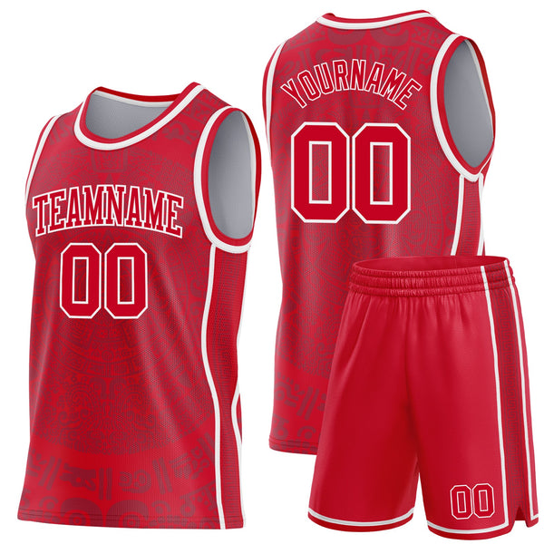 Custom Red-White Tribal Ethnic Aztec Sun Stone Side Panel Stripe Round Neck Sublimation Basketball Set Jersey alternate