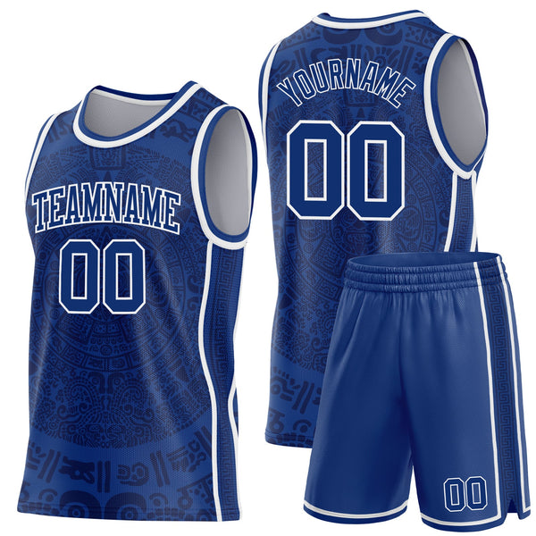 Custom Royal-White Tribal Ethnic Aztec Sun Stone Side Panel Stripe Round Neck Sublimation Basketball Set Jersey alternate