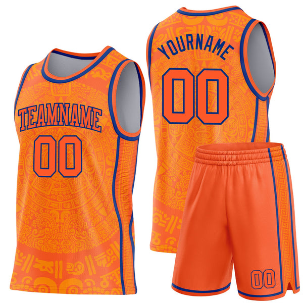 Custom Orange-Royal Tribal Ethnic Aztec Sun Stone Side Panel Stripe Round Neck Sublimation Basketball Set Jersey alternate
