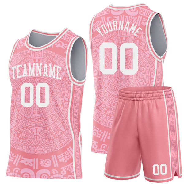 Custom Medium Pink-White Tribal Ethnic Aztec Sun Stone Side Panel Stripe Round Neck Sublimation Basketball Set Jersey alternate