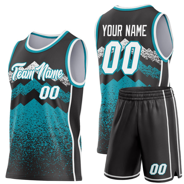 Custom Black White-Teal Mountain Peak Shards Side Panel Stripe Round Neck Sublimation Basketball Set Jersey alternate