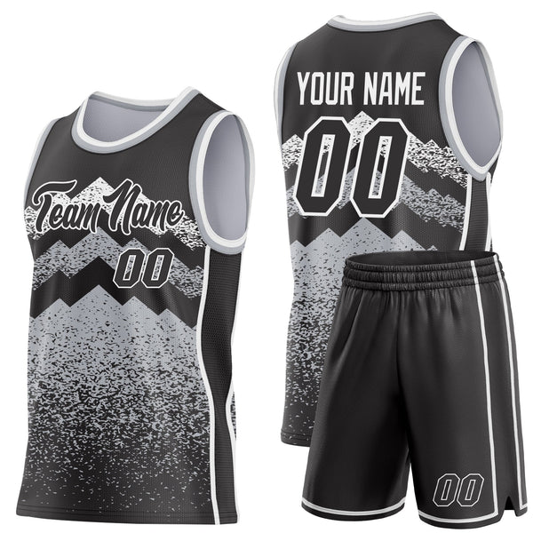 Custom Black Gray-White Mountain Peak Shards Side Panel Stripe Round Neck Sublimation Basketball Set Jersey alternate