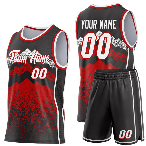 Custom Black White-Red Mountain Peak Shards Side Panel Stripe Round Neck Sublimation Basketball Set Jersey alternate