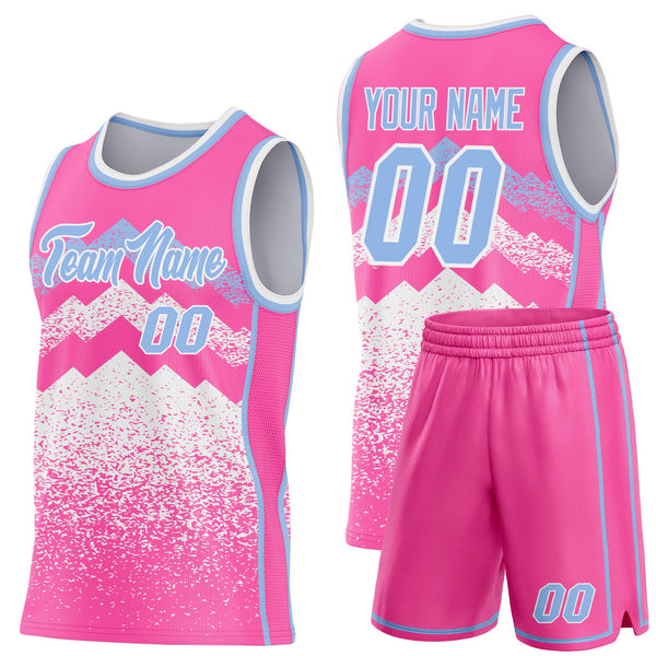 Custom Pink Light Blue-White Mountain Peak Shards Side Panel Stripe Round Neck Sublimation Basketball Set Jersey alternate