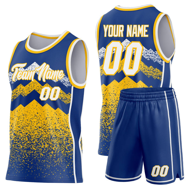 Custom Royal White-Gold Mountain Peak Shards Side Panel Stripe Round Neck Sublimation Basketball Set Jersey alternate