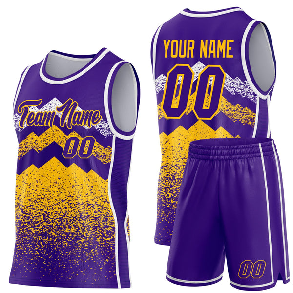 Custom Purple Gold-White Mountain Peak Shards Side Panel Stripe Round Neck Sublimation Basketball Set Jersey alternate