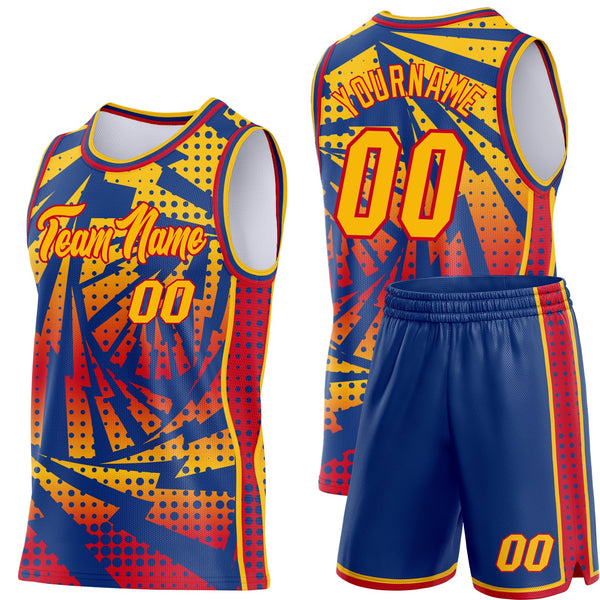 Custom Gold Royal-Red Lightning Gradient Dot Side Panel Stripe Round Neck Sublimation Basketball Set Jersey alternate