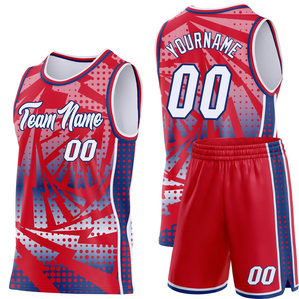 Custom Red White-Royal Lightning Gradient Dot Side Panel Stripe Round Neck Sublimation Basketball Set Jersey alternate