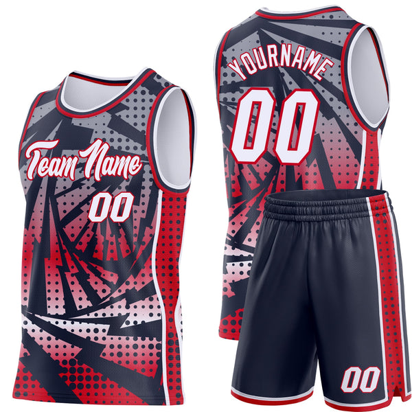 Custom Navy White-Red Lightning Gradient Dot Side Panel Stripe Round Neck Sublimation Basketball Set Jersey alternate