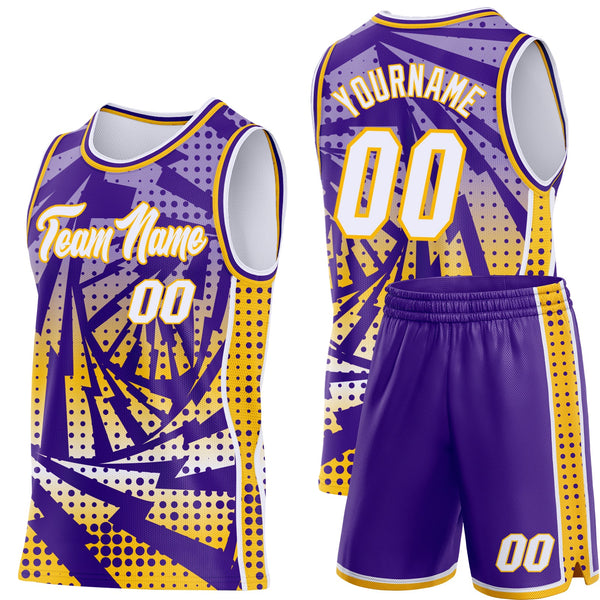 Custom Purple White-Gold Lightning Gradient Dot Side Panel Stripe Round Neck Sublimation Basketball Set Jersey alternate