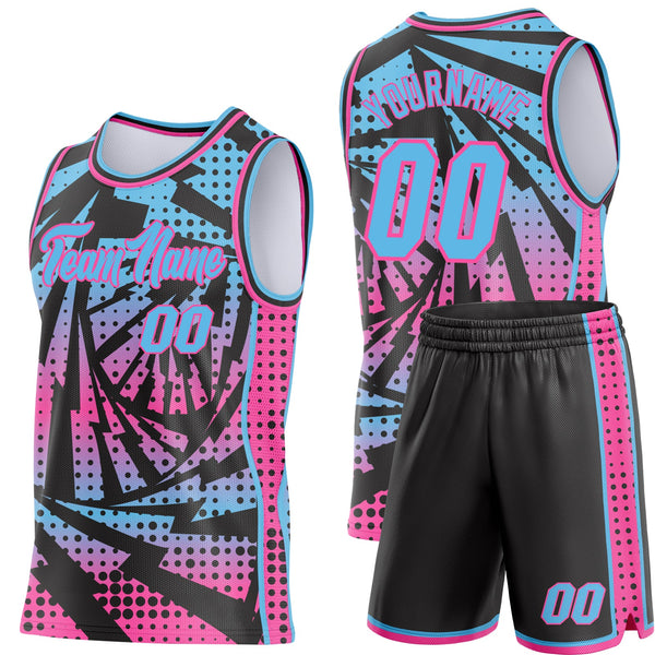 Custom Sky Blue Black-Pink Lightning Gradient Dot Side Panel Stripe Round Neck Sublimation Basketball Set Jersey alternate