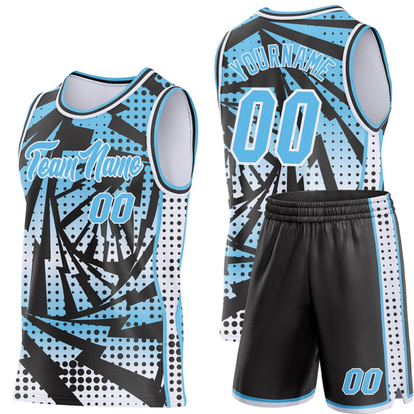 Custom Sky Blue Black-White Lightning Gradient Dot Side Panel Stripe Round Neck Sublimation Basketball Set Jersey alternate