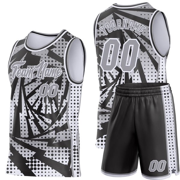 Custom Gray Black-White Lightning Gradient Dot Side Panel Stripe Round Neck Sublimation Basketball Set Jersey alternate