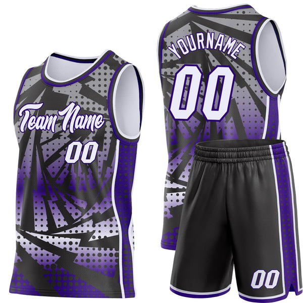 Custom Purple White-Black Lightning Gradient Dot Side Panel Stripe Round Neck Sublimation Basketball Set Jersey alternate