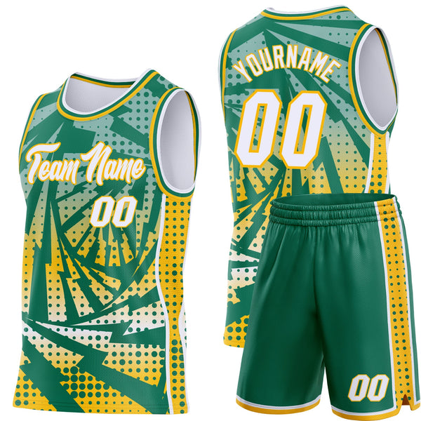 Custom Kelly Green White-Gold Lightning Gradient Dot Side Panel Stripe Round Neck Sublimation Basketball Set Jersey alternate