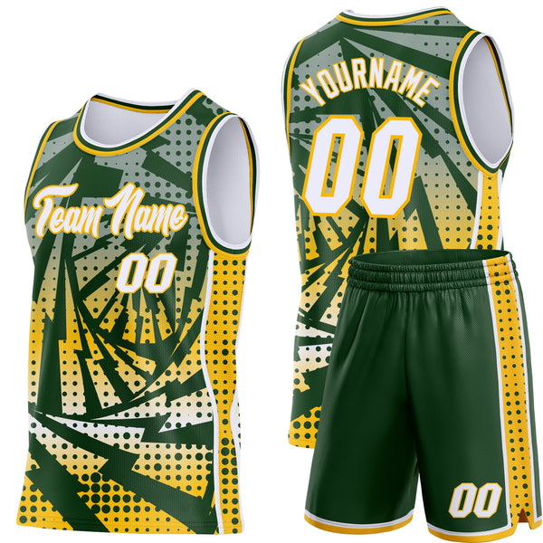Custom Green White-Gold Lightning Gradient Dot Side Panel Stripe Round Neck Sublimation Basketball Set Jersey alternate