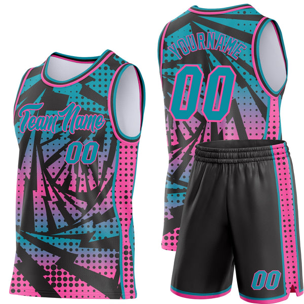 Custom Teal Black-Pink Lightning Gradient Dot Side Panel Stripe Round Neck Sublimation Basketball Set Jersey alternate