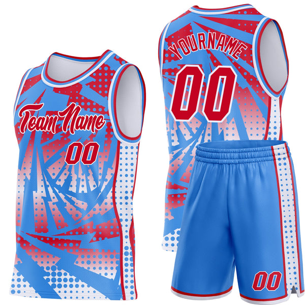 Custom Powder Blue Red-White Lightning Gradient Dot Side Panel Stripe Round Neck Sublimation Basketball Set Jersey alternate