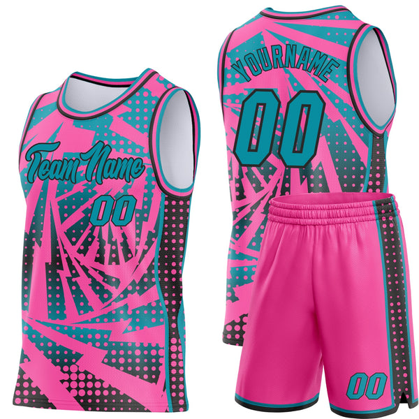 Custom Pink Teal-Black Lightning Gradient Dot Side Panel Stripe Round Neck Sublimation Basketball Set Jersey alternate