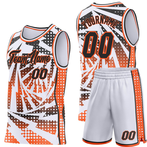 Custom White Black-Orange Lightning Gradient Dot Side Panel Stripe Round Neck Sublimation Basketball Set Jersey alternate