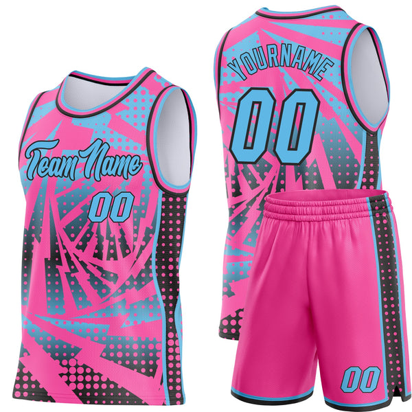 Custom Pink Sky Blue-Black Lightning Gradient Dot Side Panel Stripe Round Neck Sublimation Basketball Set Jersey alternate