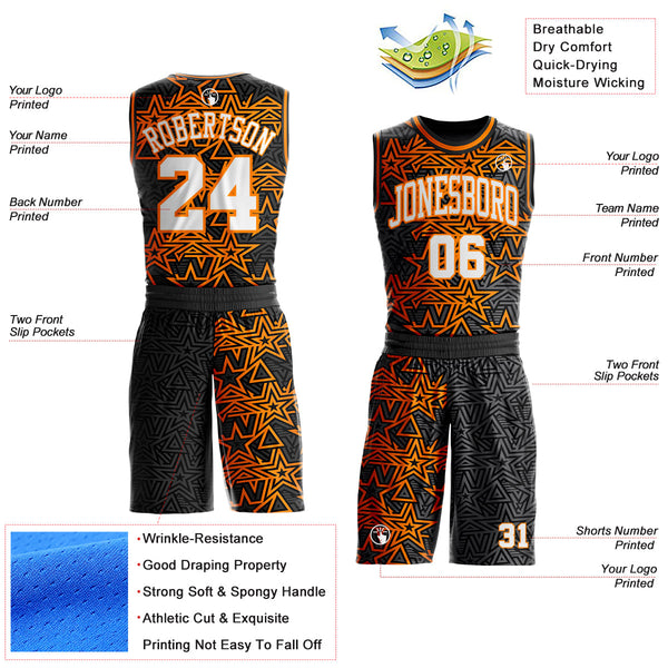 Custom Steel Gray White Bay Orange-Black Geometric Starburst Color Block Round Neck Sublimation Basketball Uniform Jersey alternate