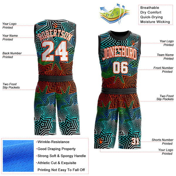 Custom Black White Blue Green-Orange Geometric Starburst Gradient Round Neck Sublimation Basketball Uniform Jersey alternate