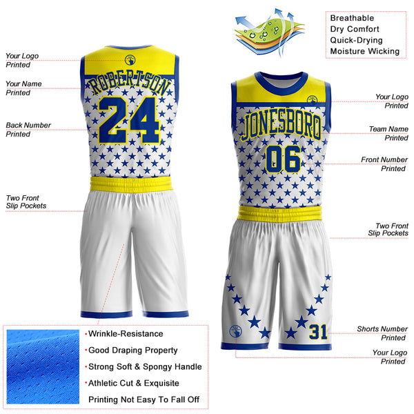 Custom White Royal Yellow-Light Yellow Geometric Star Texture Round Neck Sublimation Basketball Uniform Jersey alternate