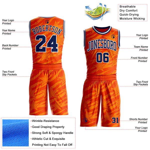 Custom Orange Navy-White Stripe Star Brush Stroke Round Neck Sublimation Basketball Uniform Jersey alternate