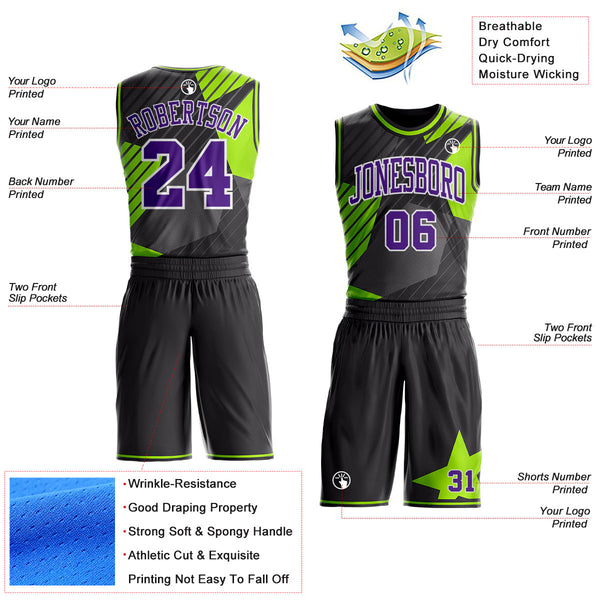 Custom Black Purple White-Neon Green Stripe Star Color Block Round Neck Sublimation Basketball Uniform Jersey alternate