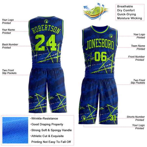 Custom Royal Neon Green-Navy Star Splatter Brush Stroke Round Neck Sublimation Basketball Uniform Jersey alternate