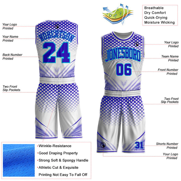 Custom White Purple-Lakes Blue Geometric Grid Round Neck Sublimation Basketball Uniform Jersey alternate