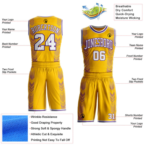 Custom Gold White-Purple Geometric Chevron Pattern Round Neck Sublimation Basketball Uniform Jersey alternate