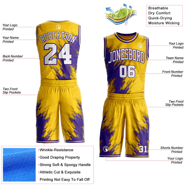 Custom Yellow White-Purple Brush Stroke Geometric Round Neck Sublimation Basketball Uniform Jersey alternate