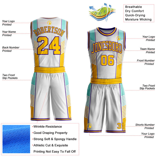 Custom White Yellow Lakes Blue-Purple Geometric Stripe Round Neck Sublimation Basketball Uniform Jersey alternate