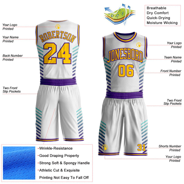 Custom White Yellow Purple-Lakes Blue Geometric Stripe Round Neck Sublimation Basketball Uniform Jersey alternate