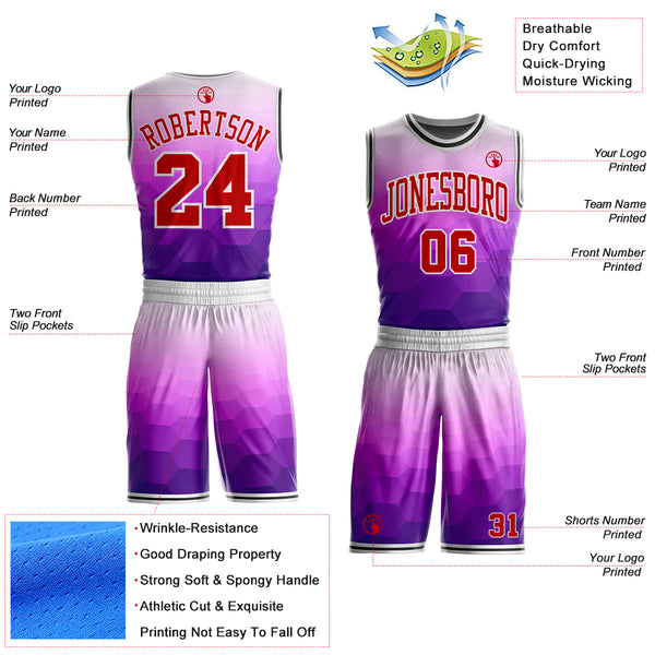 Custom Purple Red White-Black Hexagon Gradient Round Neck Sublimation Basketball Uniform Jersey alternate