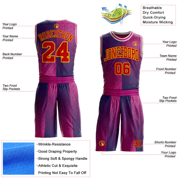 Custom Purple Red Hot Pink Gold-White Geometric Texture Gradient Round Neck Sublimation Basketball Uniform Jersey alternate