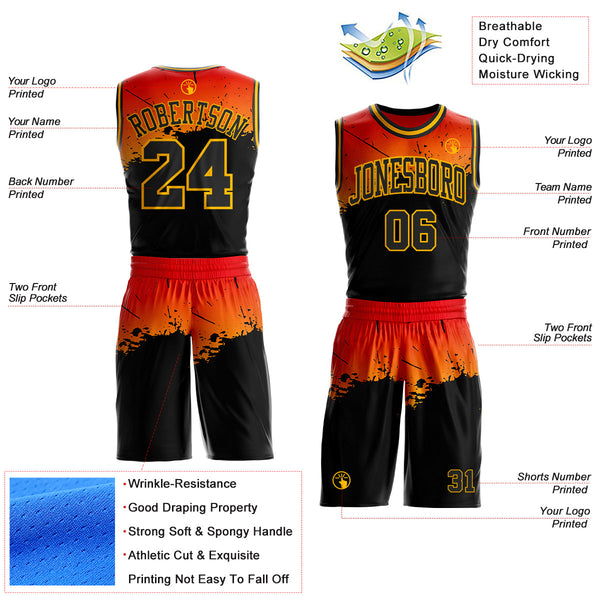 Custom Orange Black-Gold Splatter Gradient Round Neck Sublimation Basketball Uniform Jersey alternate